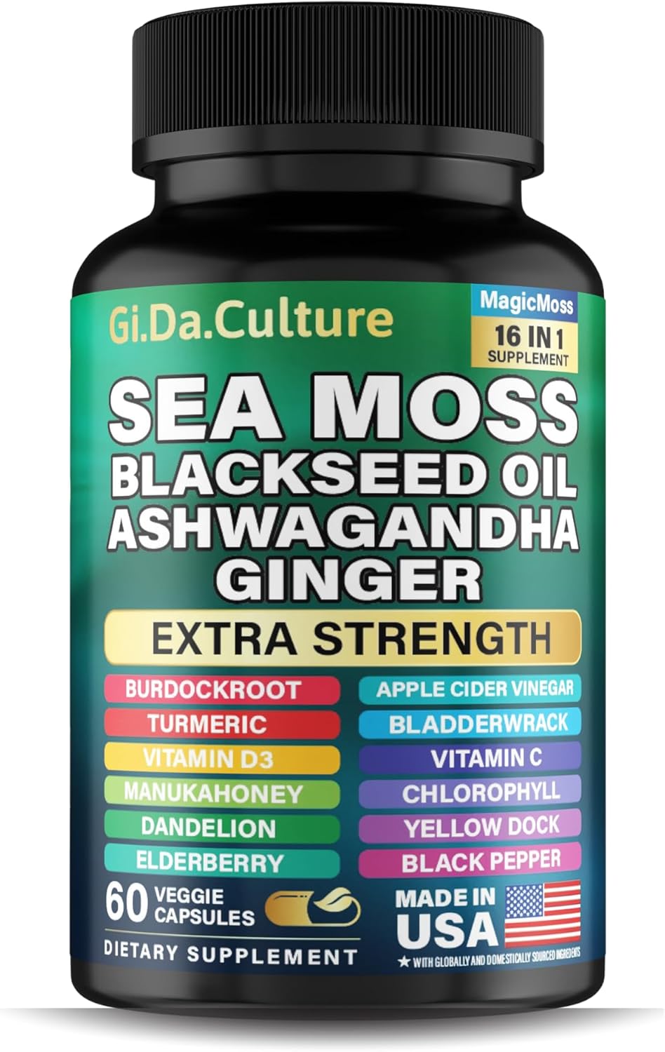 Sea Moss, Black Seed Oil, Ashwagandha, Turmeric, Ginger (16 in 1 Multivitamin)