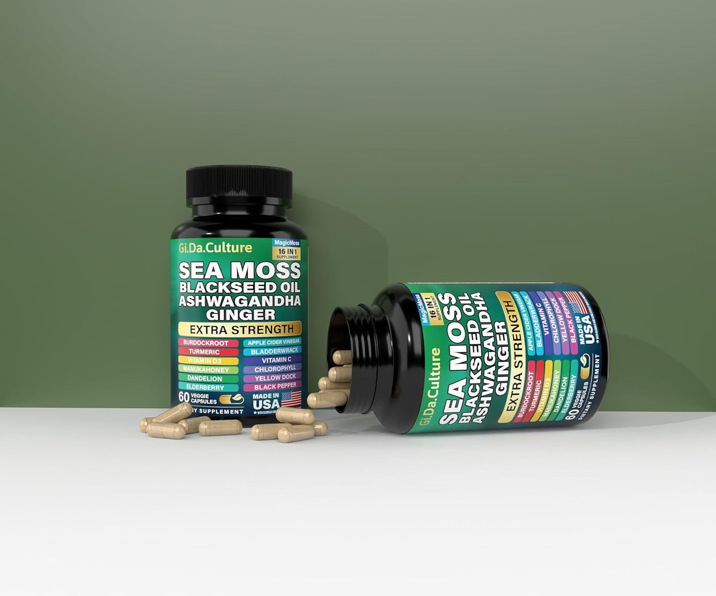 Sea Moss, Black Seed Oil, Ashwagandha, Turmeric, Ginger (16 in 1 Multivitamin)