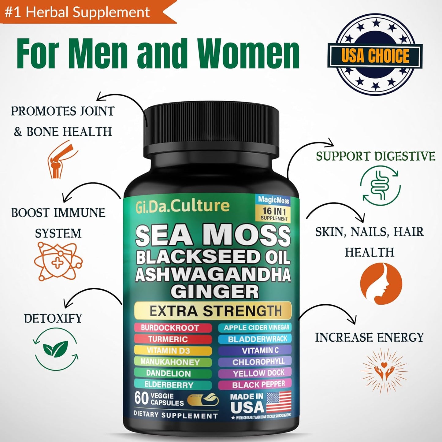 Sea Moss, Black Seed Oil, Ashwagandha, Turmeric, Ginger (16 in 1 Multivitamin)