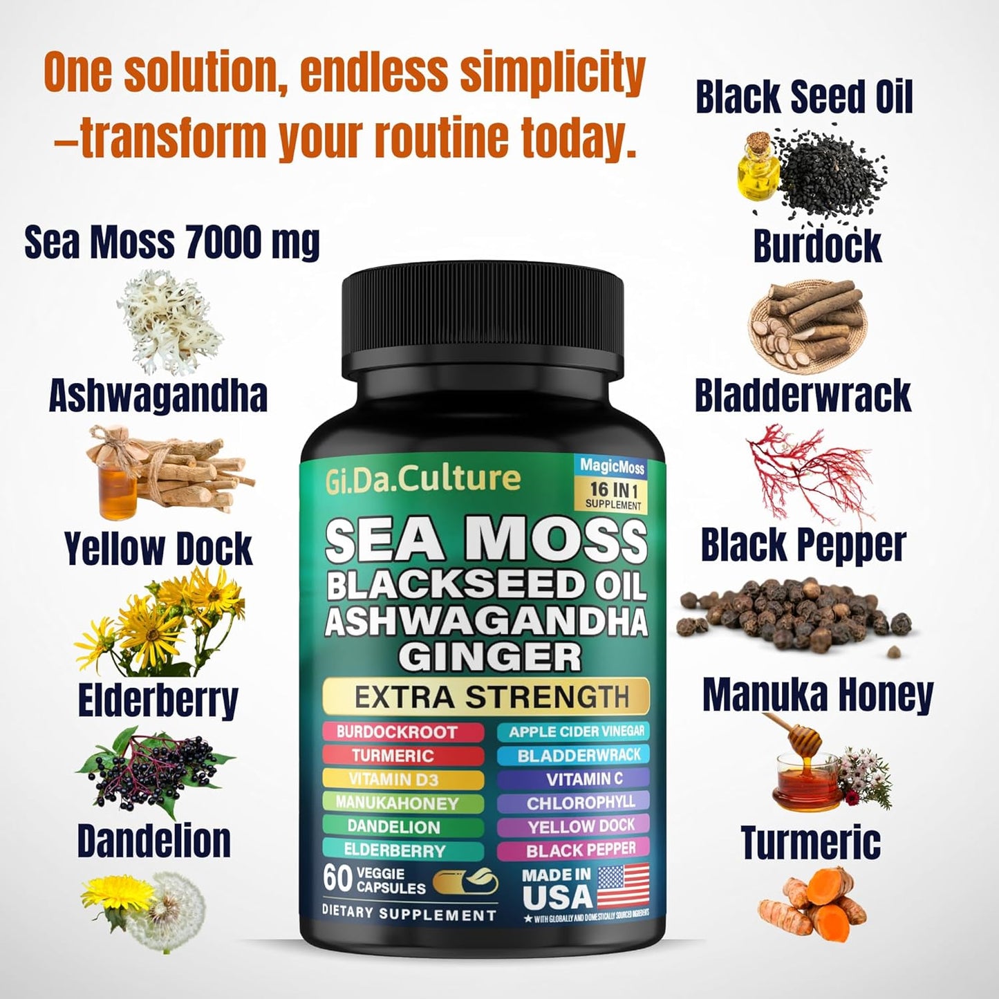 Sea Moss, Black Seed Oil, Ashwagandha, Turmeric, Ginger (16 in 1 Multivitamin)