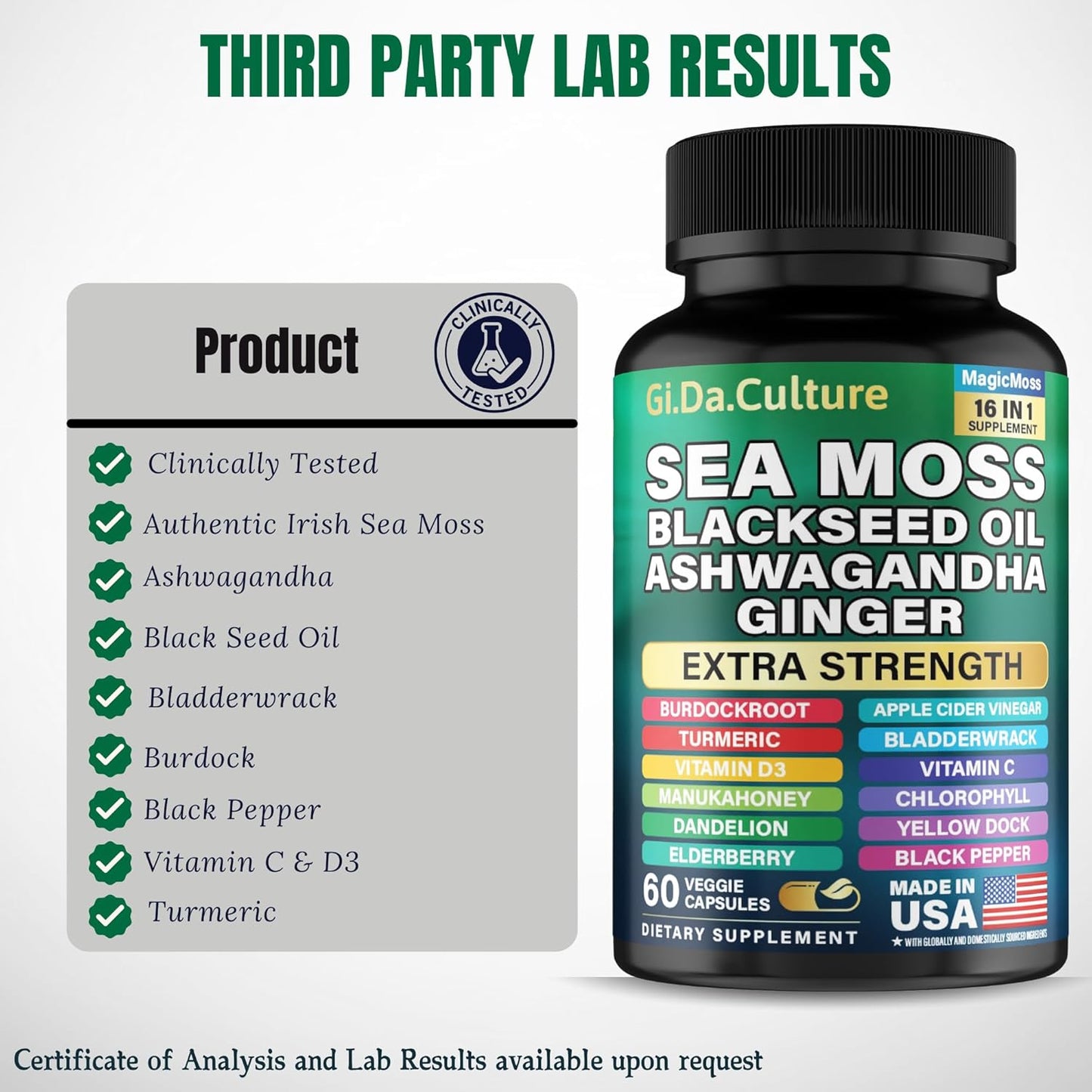 Sea Moss, Black Seed Oil, Ashwagandha, Turmeric, Ginger (16 in 1 Multivitamin)