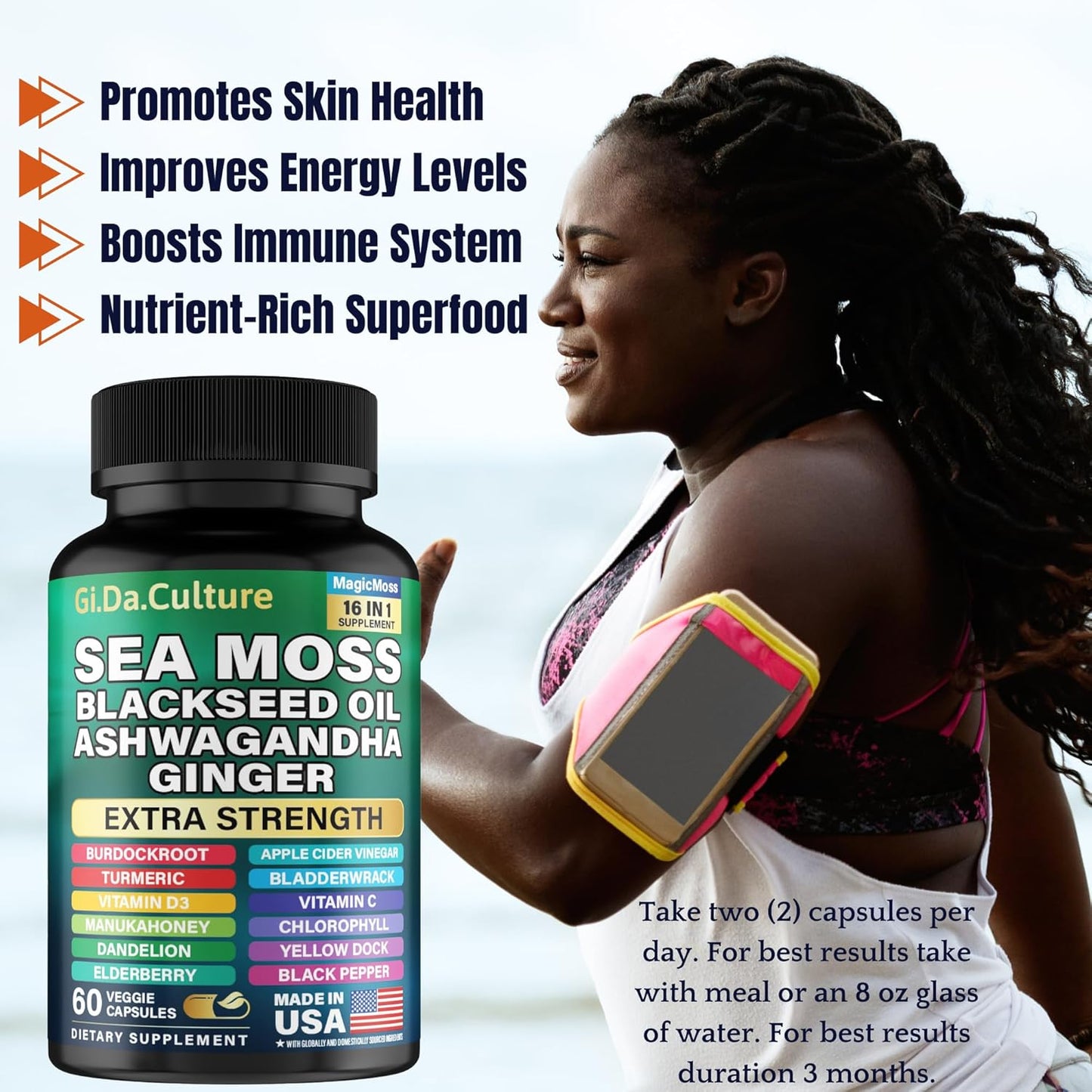 Sea Moss, Black Seed Oil, Ashwagandha, Turmeric, Ginger (16 in 1 Multivitamin)
